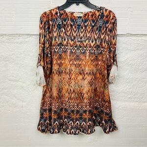 Song N spirit Bohemian Patterned long sleeve ruffle bottom Blouse size XL